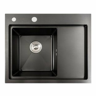 Кухонная мойка черная PVD 58x48 L Platinum Handmade (два отверстия, круглый сифон 3,0/0,8), Черный/золото