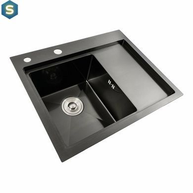 Кухонна мийка чорна PVD 58x48 L Platinum Handmade (два отвори, круглий сифон 3,0/0,8), Чорний/золото