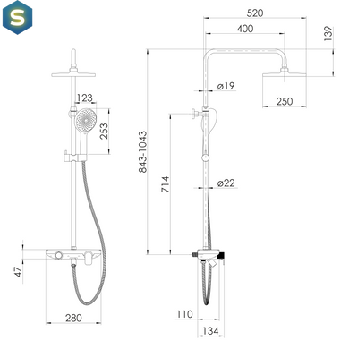 Душевая система Imprese Modus D верхний душ d250 мм black matt t030B08210SQ, Черный матовый