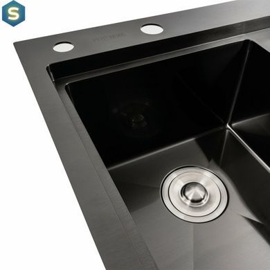Кухонна мийка чорна PVD 58x48 L Platinum Handmade (два отвори, круглий сифон 3,0/0,8), Чорний/золото
