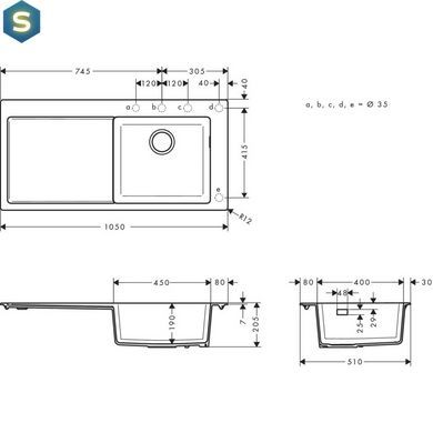 Кухонна мийка Hansgrohe S5110-F450 1050x510 поличка праворуч Concretegrey 43330380