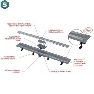 Дренажный канал с кромкой из нержавеющей стали Alcaplast APZ18-850M