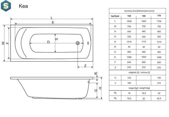Ванна акрилова Radaway Kea 160x75 + ніжки WA1-04-160x075U