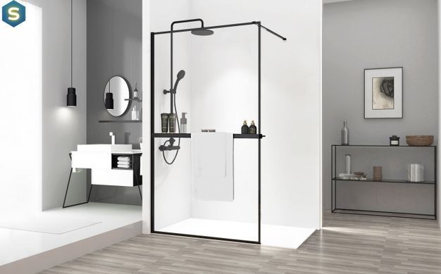 Душова стінка Rea Bler 90 black з полицею Evo REA-K7638 + HOM-00652, прозорий, чорний матовий