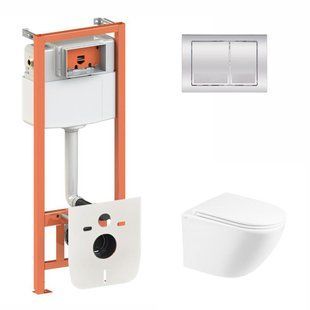 Набор: Qtap Robin Ultra Quiet унитаз подвесной QT1333046EUQW+Nest комплект инсталляции 4в1 (квадратная клавиша Chrome) QT0133M425 + QT0111M06028CRM