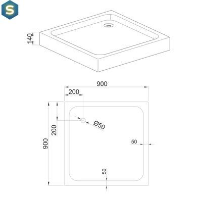 Душевой поддон Volle 90x90x14см квадратный,в комплекте с сифоном white 4400.123007, Белый, белый