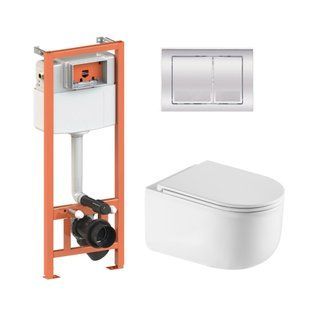 Подвесной унитаз Qtap Taurus Ultra Quiet + инсталляция Qtap Nest 4 в 1 (квадратная клавиша Chrome), Белый