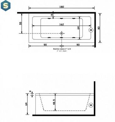 Ванна акриловая Gruppo Treesse Quadro 180x80 V0780