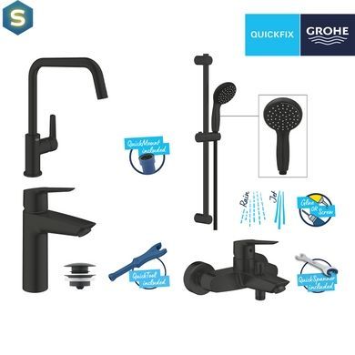 Набор смесителей 4 в 1 для ванной комнаты и кухни Grohe QuickFix Start Black M-Size UA303301MK, Черный матовый