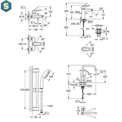Набор смесителей 4 в 1 для ванной комнаты и кухни Grohe QuickFix Start Black M-Size UA303301MK, Черный матовый