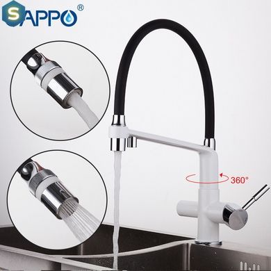 Смеситель для кухни на две воды Gappo G4398-9 с гибким изливом, белый/черный, Черный матовый