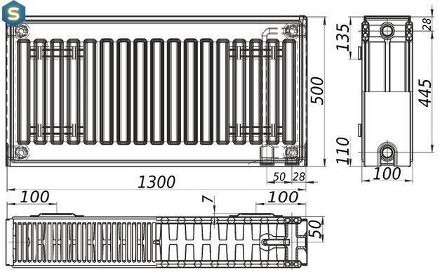Радіатор сталевий панельний Kalite 22 низ/справа 500x1300 (без INNER) 000024202, Білий