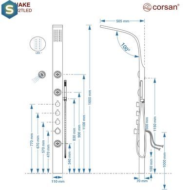 Душова панель Corsan Snake inox LED з термостатом S002TSLLED, Нержавіюча сталь