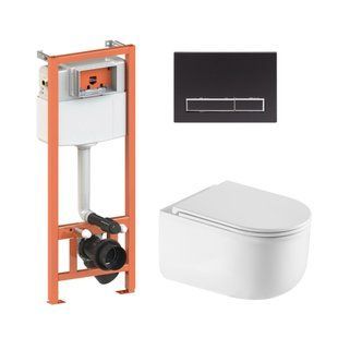 Подвесной унитаз Qtap Taurus Ultra Quiet + инсталляция Qtap Nest 4 в 1 (линейная клавиша Black mat), Белый