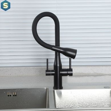 Смеситель для кухни на две воды Gappo G4399-66 гибкий излив нержавеющая сталь черный, Черный матовый