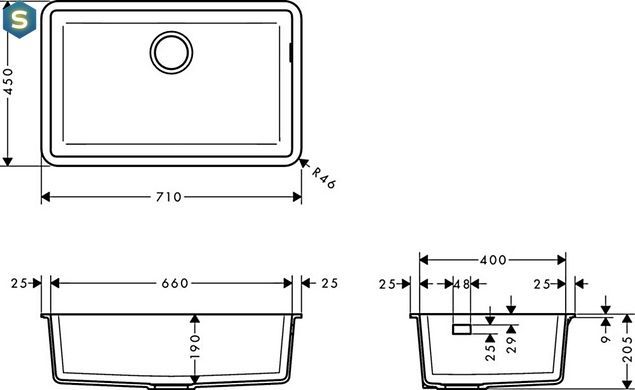 Кухонная мойка Hansgrohe S510-U660 под столешницу 710x450 Graphiteblack 43432170