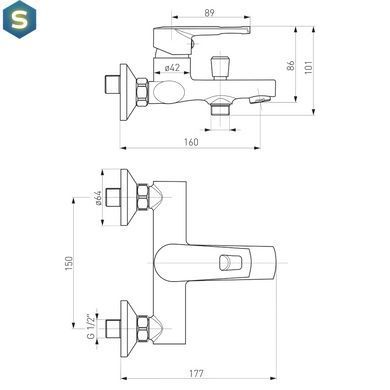 Смеситель для ванны 35 мм, cromo Volle Solar 1530.030101, Хром