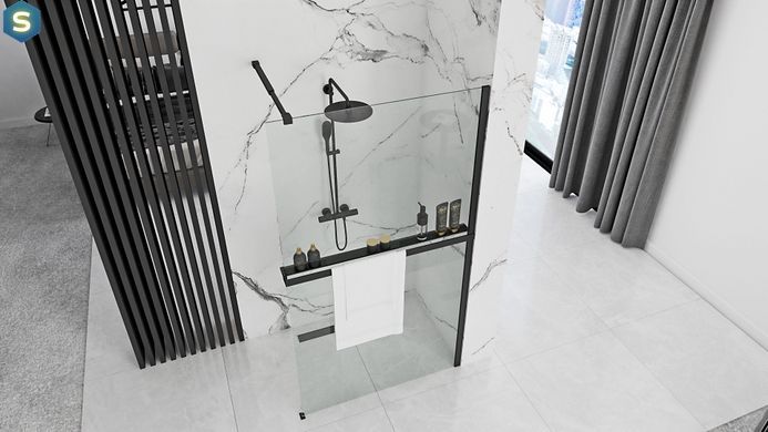 Душевая стенка Rea Aero 90 black с полкой Evo REA-K7581 + HOM-00652, прозрачный, черный матовый