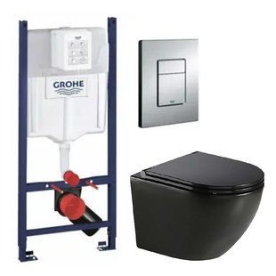Комплект 5в1: Інсталяція Grohe Rapid + Безобідковий Підвісний унітаз Round+ клавіша хром