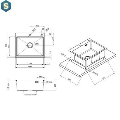 Кухонная мойка Kroner KRP Schwarze - 6050HM PVD (3,0/1,0 мм) CV025260, Черный/золото
