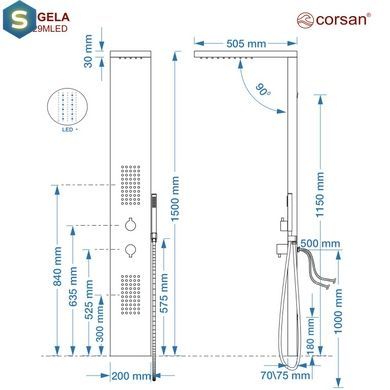 Душова панель Corsan Tugela black LED S029MBLLED, Черный матовый