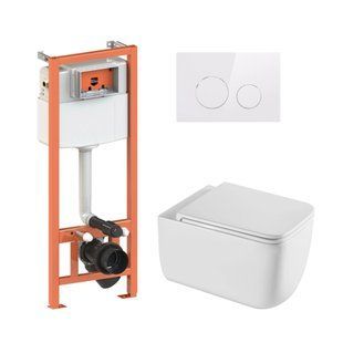 Подвесной унитаз Qtap Gemini Ultra Quiet + инсталляция Qtap Nest 4 в 1 (круглая клавиша White), Белый