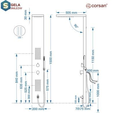 Душевая панель Corsan Tugela black LED с изливом S029MBLLEDW, Черный матовый