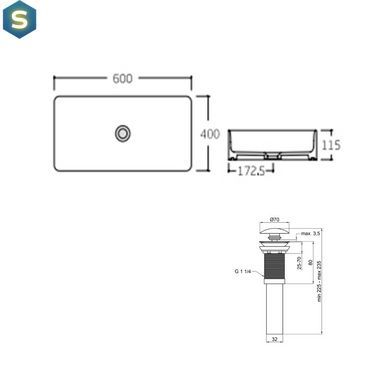 Умывальник Qtap Tern накладной прямоугольный 600x405x110 мм White + донный клапан PU02, Белый