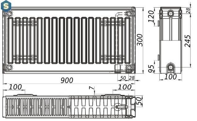 Радиатор стальной панельный Kalite 22 низ/справа 300x900 (без INNER) 000022631, Белый