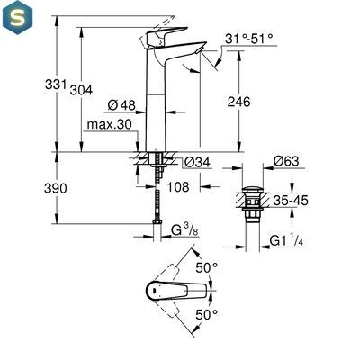 Смеситель для раковины Grohe QuickFix StartEdge XL-Size 23777001 с донным клапаном, Хром