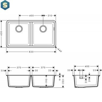 Кухонная мойка Hansgrohe S510-U770 под столешницу 820x450 на две чаши 370/370 Graphiteblack 43434170