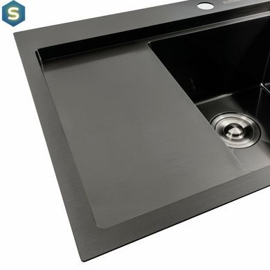 Кухонна мийка чорна PVD 58x48 R Platinum Handmade (два отвори, круглий сифон 3,0/0,8), Чорний/золото