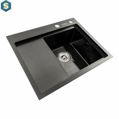 Кухонна мийка чорна PVD 58x48 R Platinum Handmade (два отвори, круглий сифон 3,0/0,8), Чорний/золото