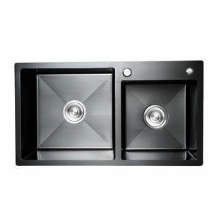 Кухонная мойка 78x43 PVD черная на две чаши Platinum Handmade HDB (круглый сифон, 3.0/0.8), Черный/золото