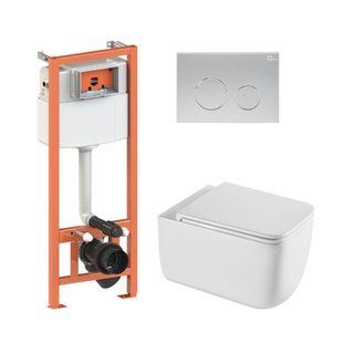 Подвесной унитаз Qtap Gemini Ultra Quiet + инсталляция Qtap Nest 4 в 1 (круглая клавиша Satin), Белый