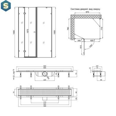 Набір Qtap душова кабіна Capricorn CRM1018RC6 100х80, скло Clear 6 мм + трап лінійний Dry FB304-600 з сухим закривом та нержавіючою решіткою 600х73 мм, Хром, прозорий, хром