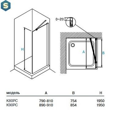 Боковая стенка Koller Pool Kvadro 800x1950 мм стекло прозрачное K80PC, прозрачный, хром