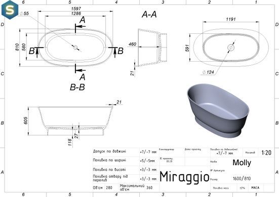 Ванна Miraggio Molly 1600x800 глянсова 0002111, Білий