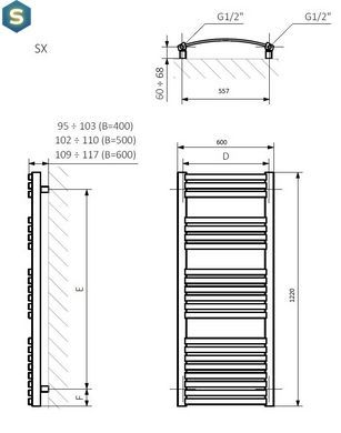 Рушникосушка водяна Terma Dexter 1220x600 WGDEX122060KCROSX, Хром