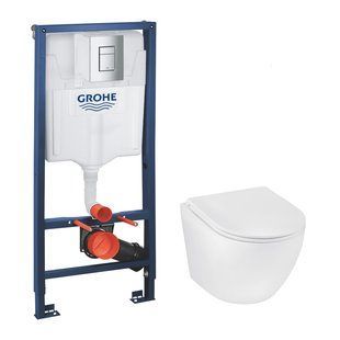 Комплект 4 в 1: Инсталляция Grohe Rapid SL 3 в 1 38772001 + Унитаз безободочный Kroner Harz WHI493736 RIMLESS с сиденьем Slim Duroplast / Soft-close / Quick relase KH493736WHIR