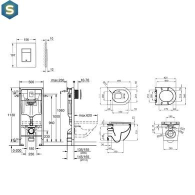 Комплект 4 в 1: Инсталляция Grohe Rapid SL 3 в 1 38772001 + Унитаз безободочный Kroner Harz WHI493736 RIMLESS с сиденьем Slim Duroplast / Soft-close / Quick relase KH493736WHIR