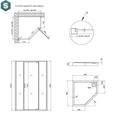 Набір: Qtap душова кабіна Scorpio BLA10995-AC6 Clear 2120x900x900 мм + піддон Diamond 309912 90x90x12 см з сифоном, Чорний/золото, Універсальна, прозорий