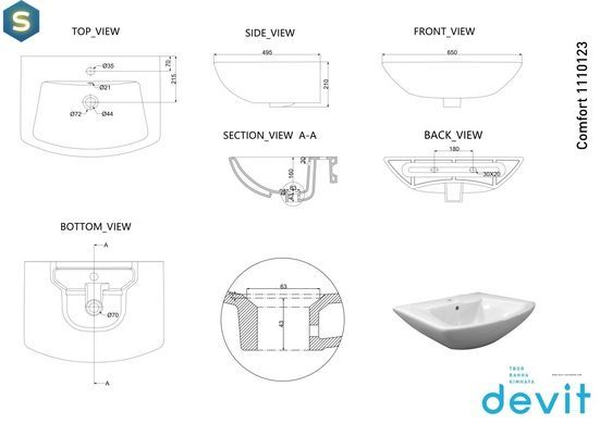 Раковина Devit Comfort New 1110123 65 см, Белый