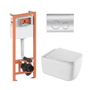 Подвесной унитаз Qtap Gemini Ultra Quiet + инсталляция Qtap Nest 4 в 1 (круглая клавиша Chrome), Белый