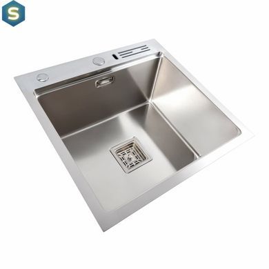 Кухонная мойка Platinum Handmade 50x50 нержавейка с подставкой для ножей + сифон, дозатор и корзинка, Нержавеющая сталь