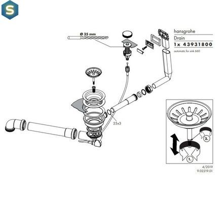 Сифон із переливом для мийки із сталі Hansgrohe D14-11 Automatic на одну чашу Stainless Steel 43931800