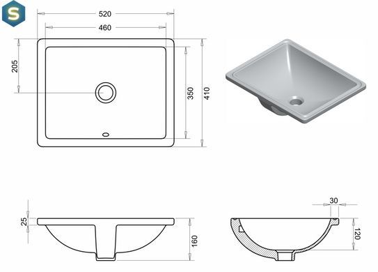 Умивальник врізний під стільницю Imprese прямокутний 41x52x16 см white c06900103SQ, Білий