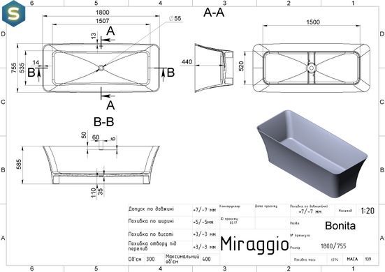 Ванна Miraggio Bonita 1800x755 mirasoft 0001126, Белый матовый