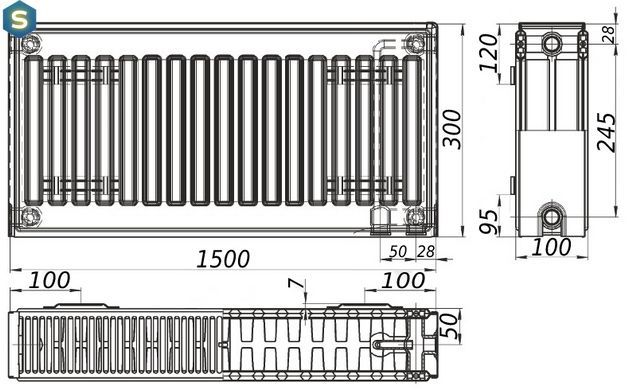 Радіатор сталевий панельний Kalite 22 низ/справа 300x1500 (без INNER) 000022637, Білий
