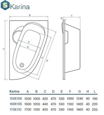 Ванна акрилова Koller Pool Karina 150X100 P + сифон + ніжки BTKA150110P+WBW0001+B70CМMA-57, Білий